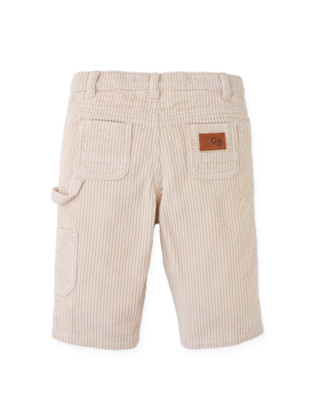The Gingersnaps Baby Carmine Corduroy Utility Pant in beige is shown from the back, featuring two rear pockets, a side loop, and a brown patch label on one pocket—an essential comfy street style piece inspired by classic corduroy pants.