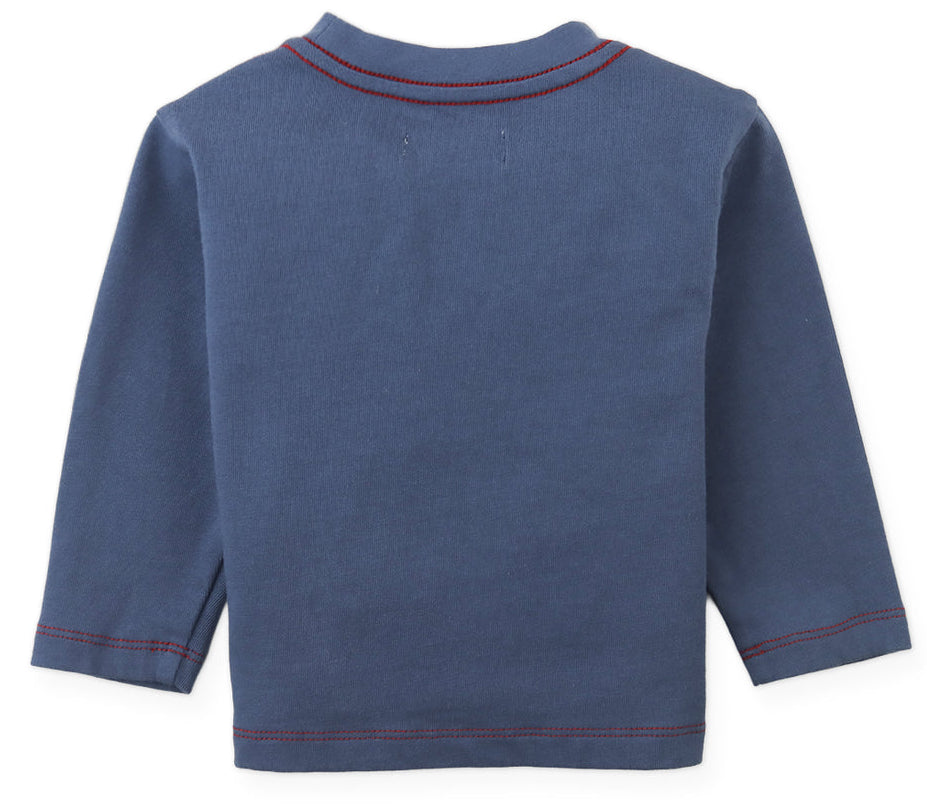 The Gingersnaps Baby Boys’ Myron Graphic Tee is pictured from the back, featuring long sleeves in blue with red stitching accenting the collar, cuffs, and hem. An embroidered dachshund outline adds a playful touch to this charming graphic tee.