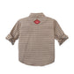 Back view of the Baby Boys’ Orlando Brushed Gingham Shirt by Gingersnaps—a brown and white checked long-sleeve shirt with rolled-up sleeves and a red label at the upper center, perfect for cozy autumn days.