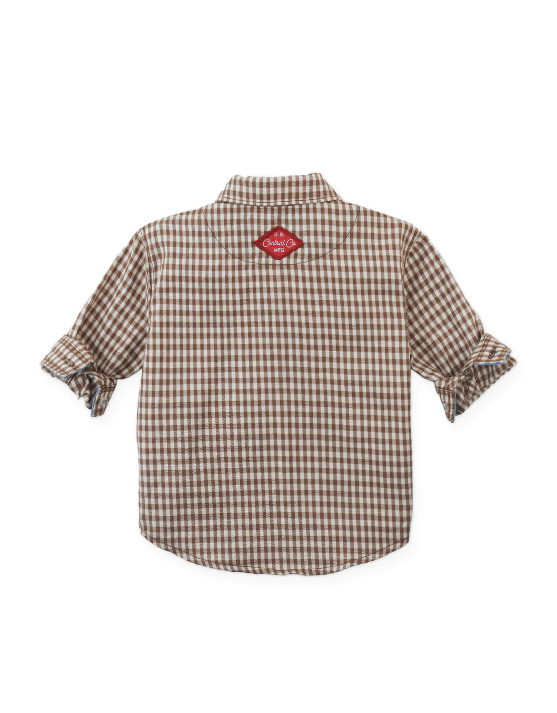 Back view of the Baby Boys’ Orlando Brushed Gingham Shirt by Gingersnaps—a brown and white checked long-sleeve shirt with rolled-up sleeves and a red label at the upper center, perfect for cozy autumn days.