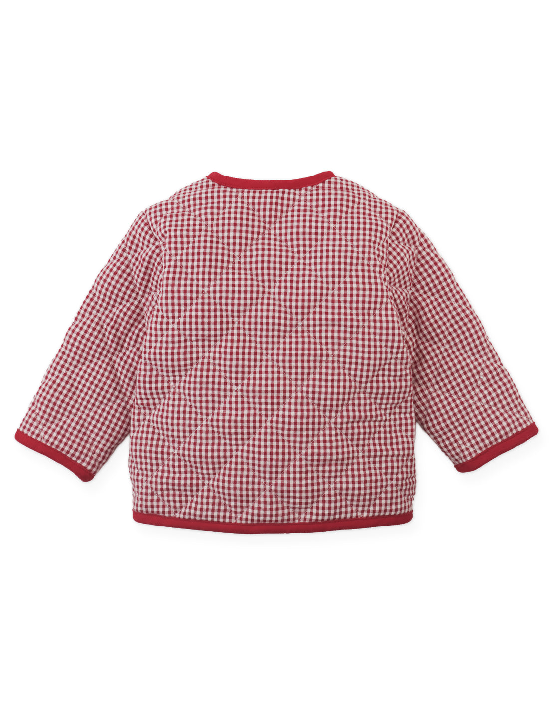 Back view of the Baby Girls’ Lavinia Boxy Quilted Coat by Gingersnaps—a long-sleeve, red and white checkered quilted coat featuring red trim on the collar, sleeves, and hem. This charming piece is designed to offer both comfort and style.