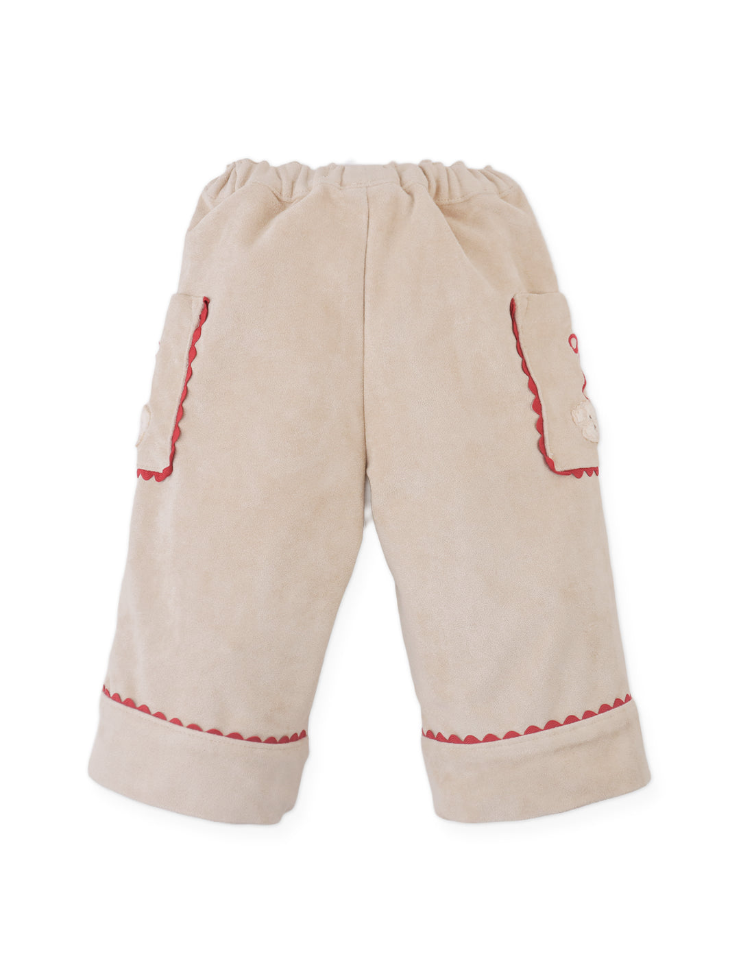 Gingersnaps Baby Girls’ Nellie Pant with Poodle Pocket features a beige design with red-trim accents, an elastic waistband, large side pockets including a playful poodle pocket, and cuffed hems for comfy straight-leg style for little ones. Shown on a white background.
