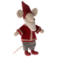 The Maileg Santa Mouse stands upright on a white background, dressed in a red hat, red sweater with white trim, grey pants, and red shoes—ready to spread festive cheer.