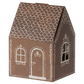 A small, brown, house-shaped box by Maileg called "Santa Mouse," features white decorative patterns, a door, and windows resembling a gingerbread house.