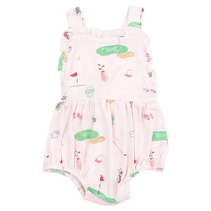 The Angel Dear Baby Girls' Bamboo Golf Things Pink Ruffle Bubble is a pale pink romper with ruffles and shoulder straps, crafted from soft bamboo viscose and adorned with a golf-themed print of clubs, balls, tees, flags, and greens.
