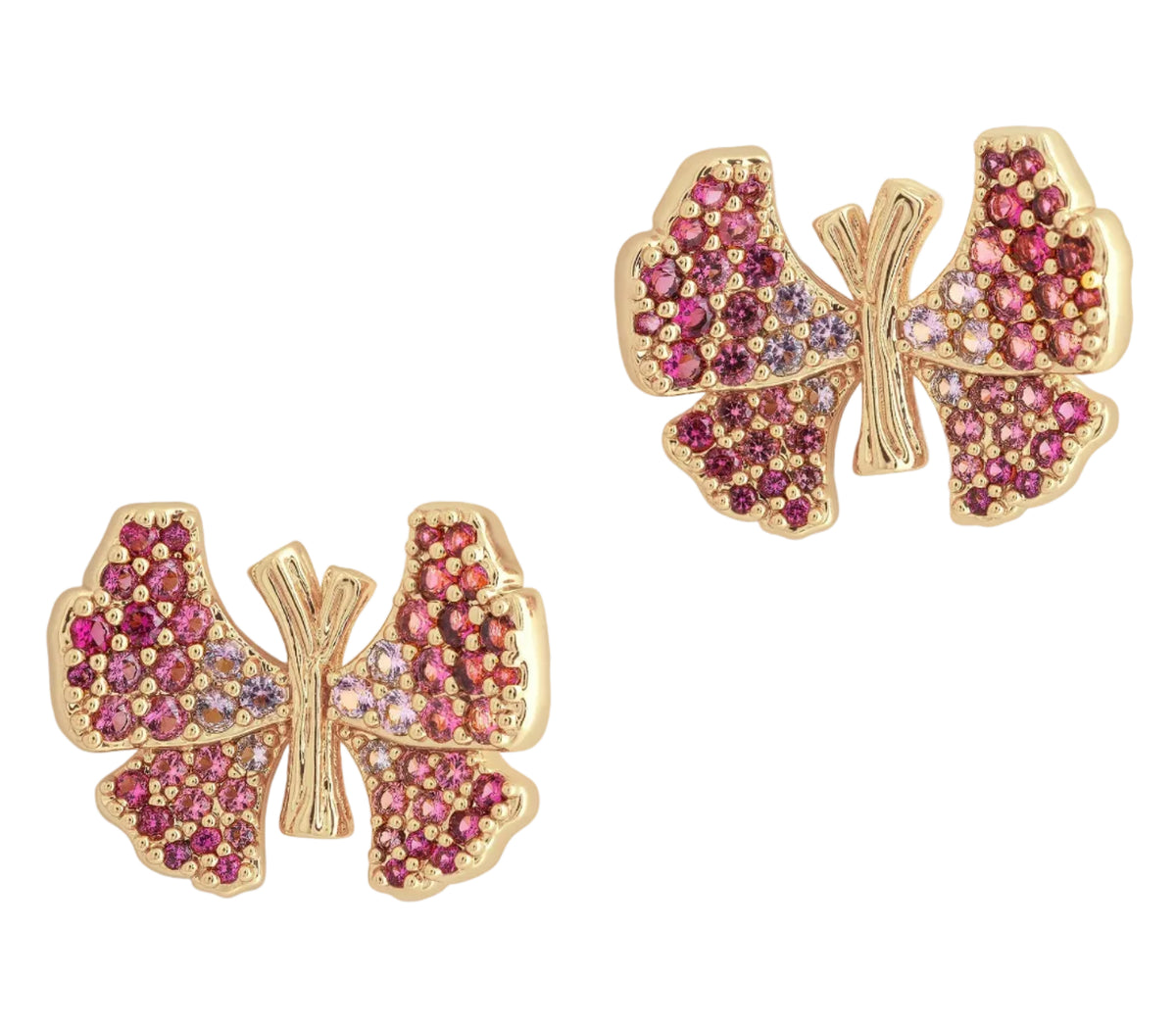 Anabel Aram Butterfly Stud Earrings featuring a butterfly shape set with pink and purple pavé stones.