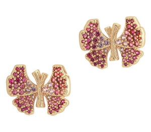 Anabel Aram Butterfly Stud Earrings featuring a butterfly shape set with pink and purple pavé stones.