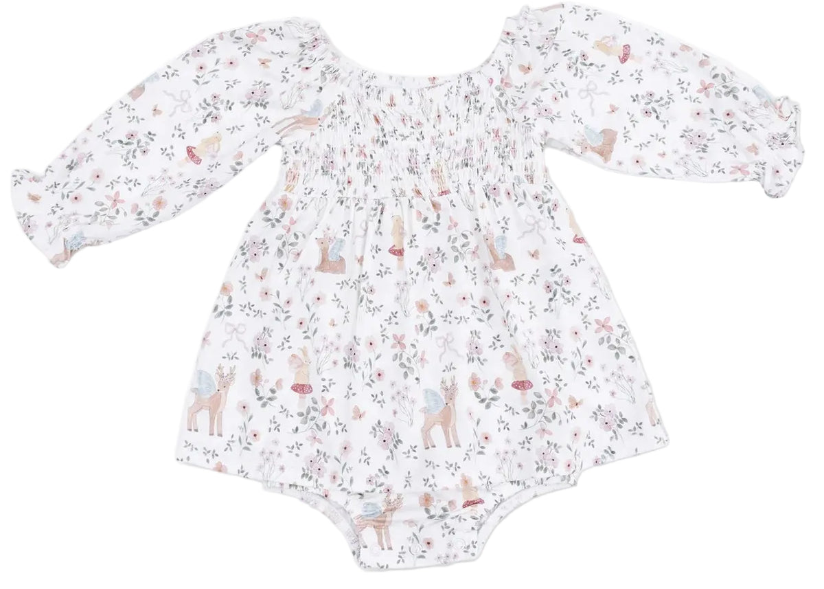 The Angel Dear Baby Girls’ Caitlyn Smocked All-in-One features long sleeves, a shirred bodice, and a delightful woodland animal print on a white background. Inspired by the beloved Caitlyn Smocked All-in-One Dress, this charming bamboo baby dress is perfect for special occasions or as an adorable baby party outfit.