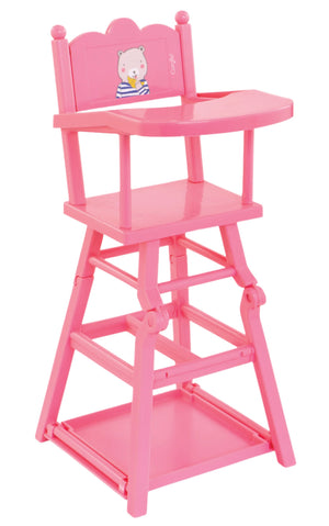 Corolle High Chair: Pink wooden baby doll chair with tray and bear design on the backrest—perfect for kids’ play and a delightful addition to any Corolle collection.