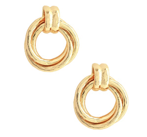 The Neptune Triple Ring Earrings by Anabel Aram feature gold-toned, textured circular double loops with interlocking rings, shown on a white background.