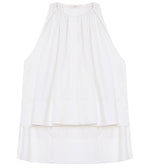 The Gathered Tunic Shirt by CO is a sleeveless white cotton poplin shirt featuring a high neckline, pleated front, and layered hem, shown laid flat on a white background.