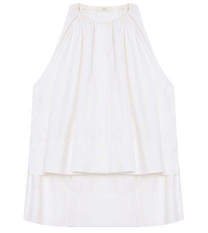 The Gathered Tunic Shirt by CO is a sleeveless white cotton poplin shirt featuring a high neckline, pleated front, and layered hem, shown laid flat on a white background.