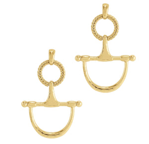 The Cheval Bit Drop Earrings by Anabel Aram feature 18K gold plating with a textured circular loop above a smooth, curved bar design.