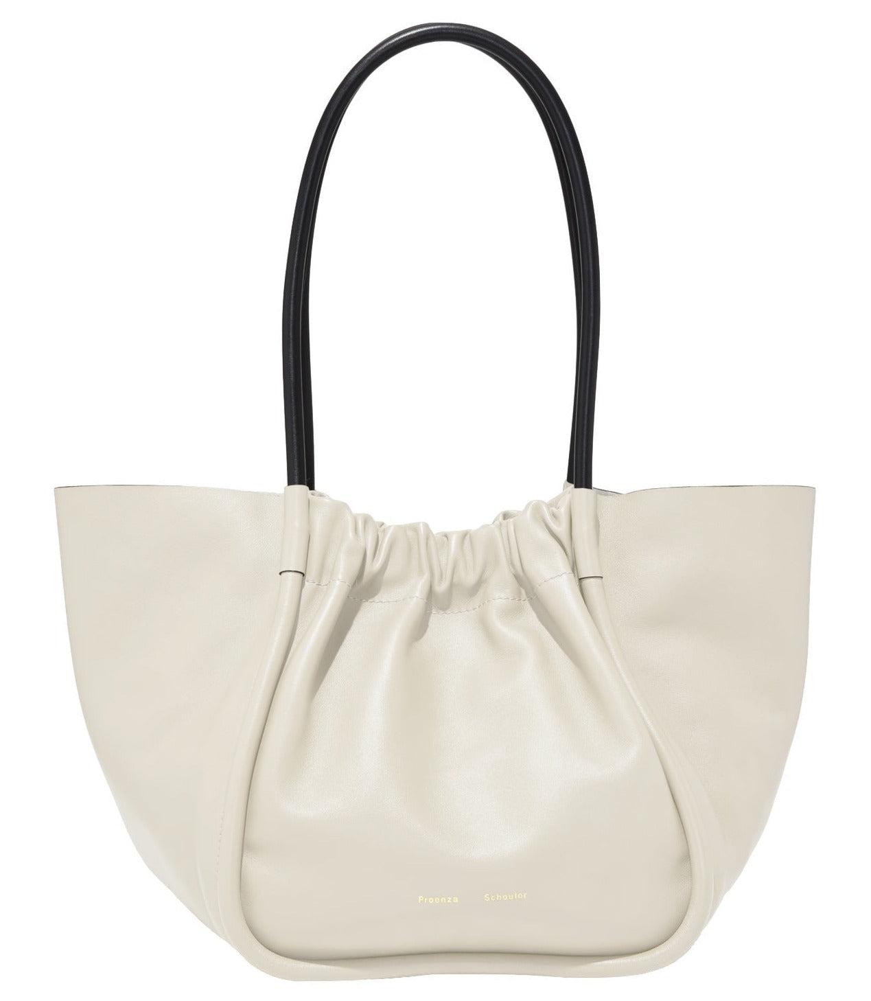 A cream-colored, 100% leather Proenza Schouler Large Ruched Tote with a gathered opening and black handles.