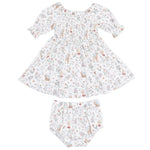 Angel Dear Baby Girls’ and Girls’ Jennifer Dress and Bloomer set, crafted from soft bamboo fabric with an animal and floral pattern, features short sleeves and a gathered bodice.