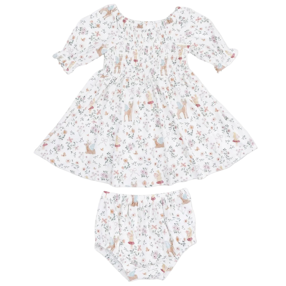 Angel Dear Baby Girls’ and Girls’ Jennifer Dress and Bloomer set, crafted from soft bamboo fabric with an animal and floral pattern, features short sleeves and a gathered bodice.