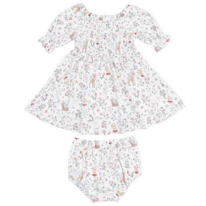 Angel Dear Baby Girls’ and Girls’ Jennifer Dress and Bloomer set, crafted from soft bamboo fabric with an animal and floral pattern, features short sleeves and a gathered bodice.