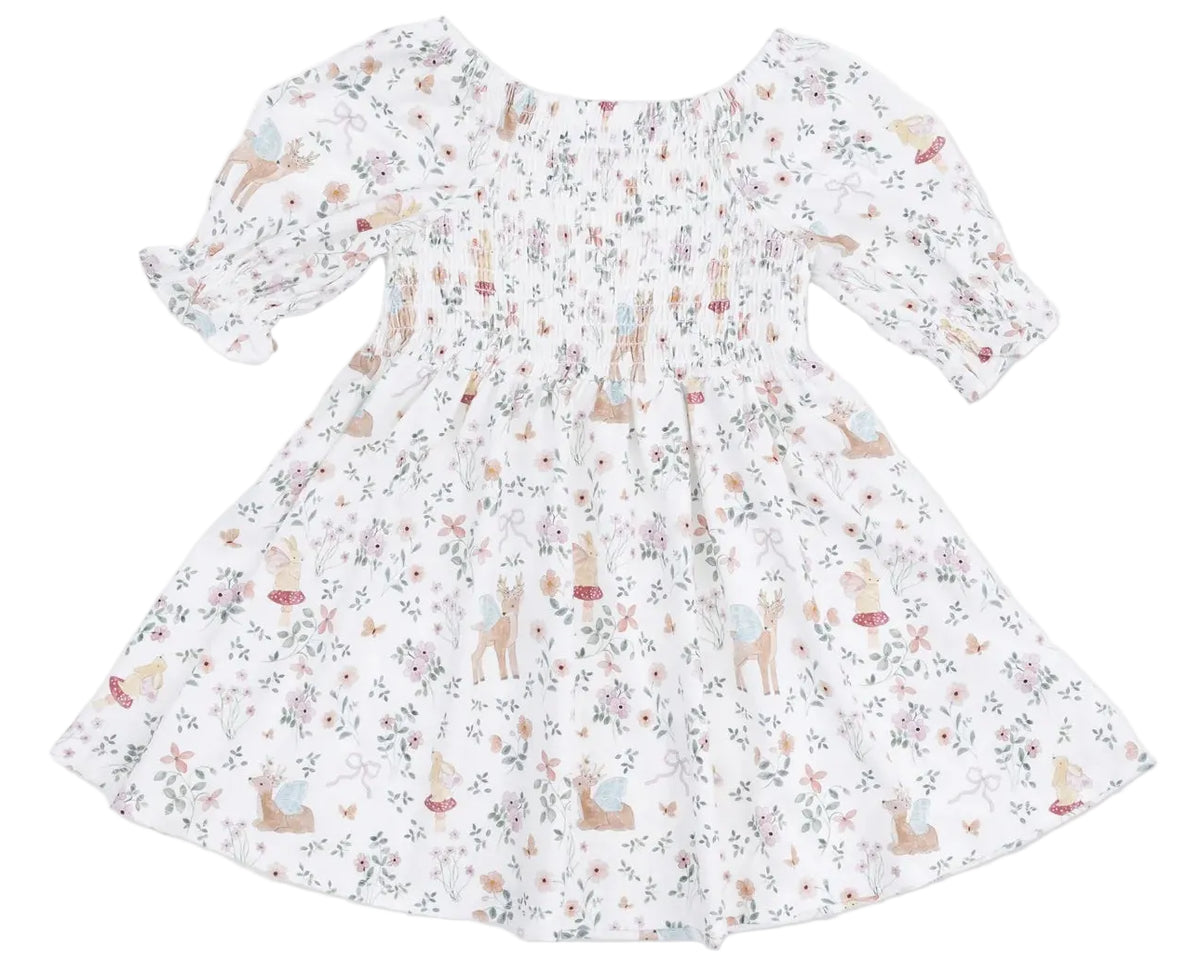 The Angel Dear Baby Girls’ and Girls’ Jennifer Dress and Bloomer features puffed sleeves, a smocked bodice, and a charming woodland animal and floral print. Crafted from soft bamboo fabric for ultimate comfort, this adorable ensemble includes a matching bloomer, making it perfect for children.