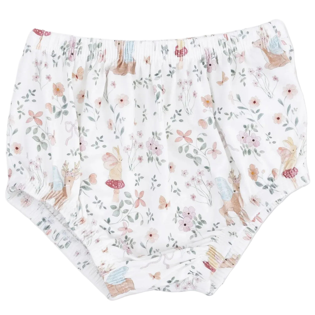 Angel Dear Baby Girls’ and Girls’ Jennifer Dress and Bloomer features a white bamboo bloomer with an elastic waistband and cuffs, adorned with a pastel woodland animal and floral print.