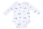 Angel Dear Baby Boys' Lap Shoulder Bodysuit features long sleeves and an all-over golf-themed print with carts, clubs, and flags in blue and green.