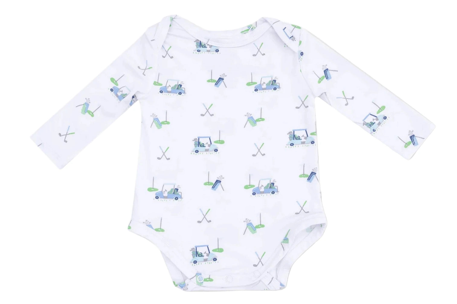 Angel Dear Baby Boys' Lap Shoulder Bodysuit features long sleeves and an all-over golf-themed print with carts, clubs, and flags in blue and green.