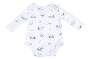 Angel Dear Baby Boys' Lap Shoulder Bodysuit features long sleeves and an all-over golf-themed print with carts, clubs, and flags in blue and green.