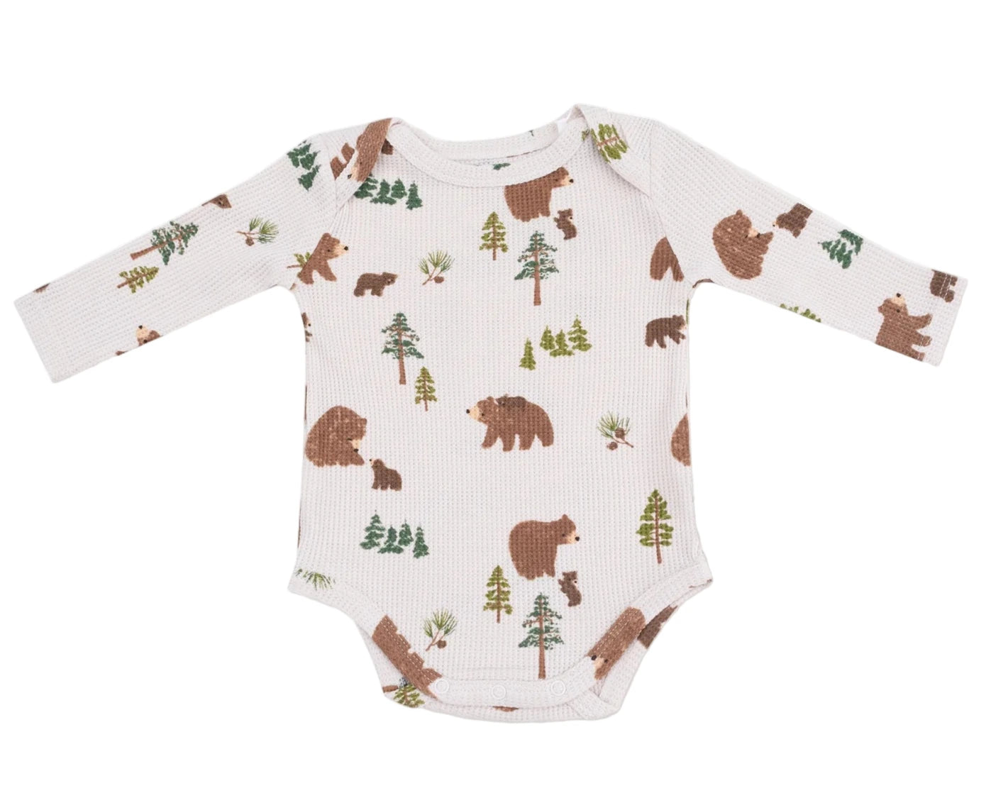 Angel Dear Baby Boys' Lap Shoulder Bodysuit features long sleeves and a cute bear and pine tree pattern on a crisp white background.