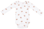 The Angel Dear Baby Boys’ Long Sleeve Bodysuit is crafted from soft, breathable fabric and features an all-over brown football print with convenient snap closures at the bottom—an ideal option for a cozy and stylish bamboo bodysuit.