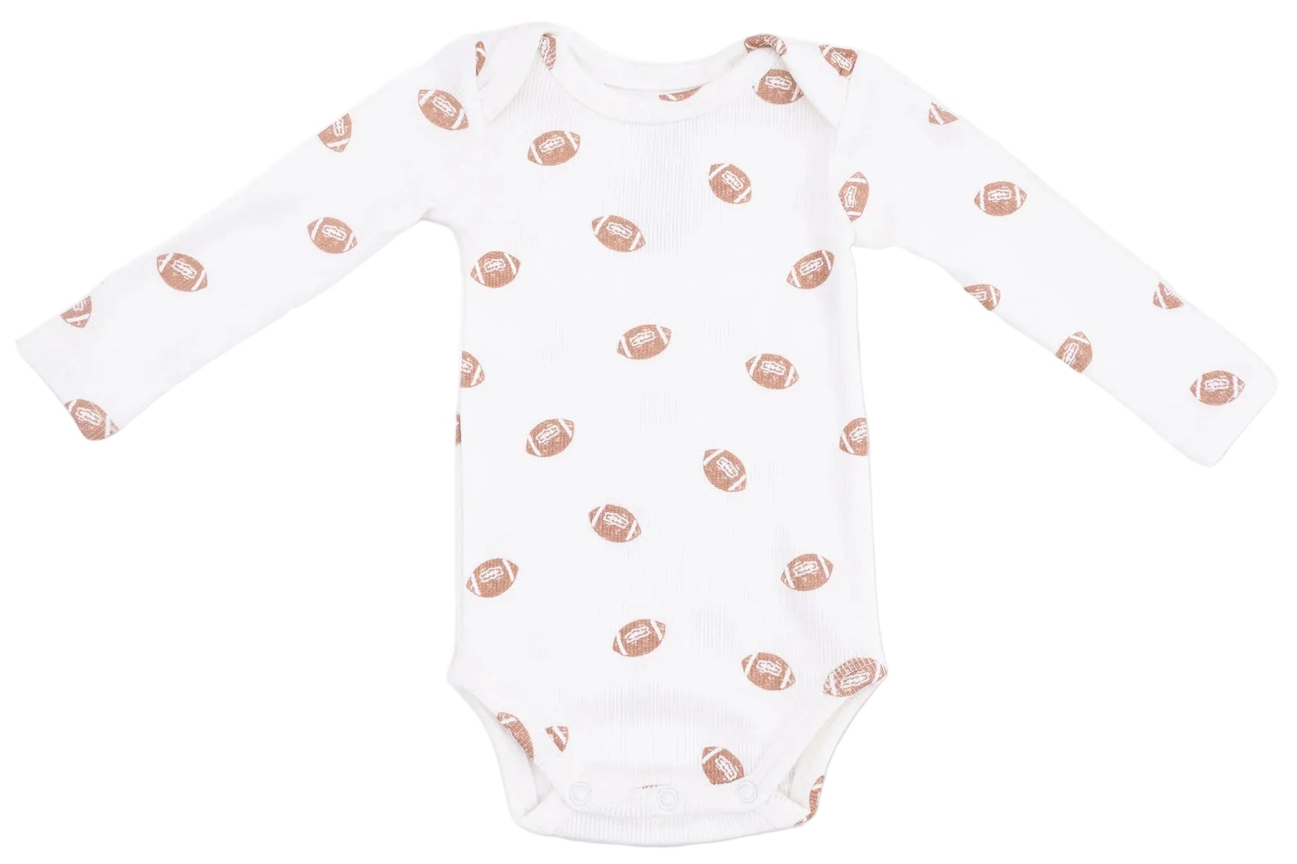 The Angel Dear Baby Boys’ Long Sleeve Bodysuit is crafted from soft, breathable fabric and features an all-over brown football print with convenient snap closures at the bottom—an ideal option for a cozy and stylish bamboo bodysuit.