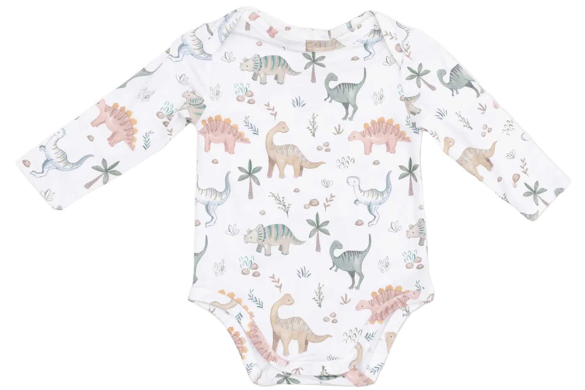 The Angel Dear Baby Boys’ Long Sleeve Bodysuit features a colorful dinosaur and plant pattern printed all over soft, breathable bamboo fabric—perfect for your little one’s sensitive skin.