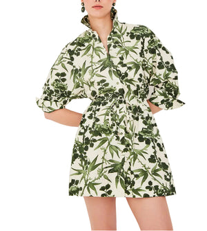A person wears the Henry Dress by Cara Cara, a button down mini dress with a green leaf and botanical print, rolled sleeves, collared neckline, and cinched waist.