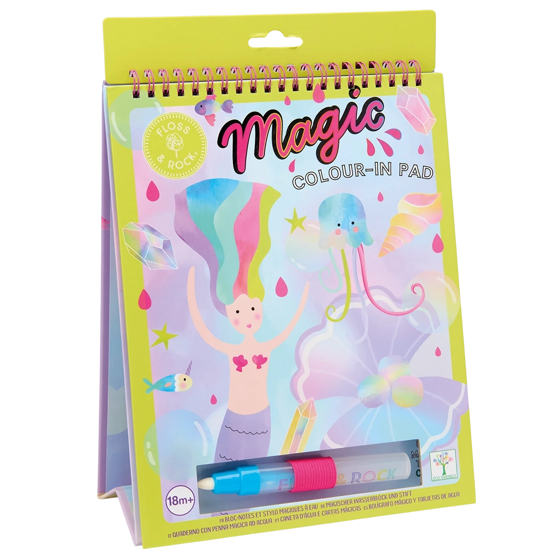 Floss and Rock Fantasy Easel Watercard and Pen, a reusable coloring pad featuring a mermaid and jellyfish on the cover, is shown standing upright like a portable kids art set with a blue water pen attached at the bottom.