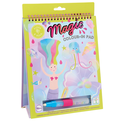 Floss and Rock Fantasy Easel Watercard and Pen, a reusable coloring pad featuring a mermaid and jellyfish on the cover, is shown standing upright like a portable kids art set with a blue water pen attached at the bottom.