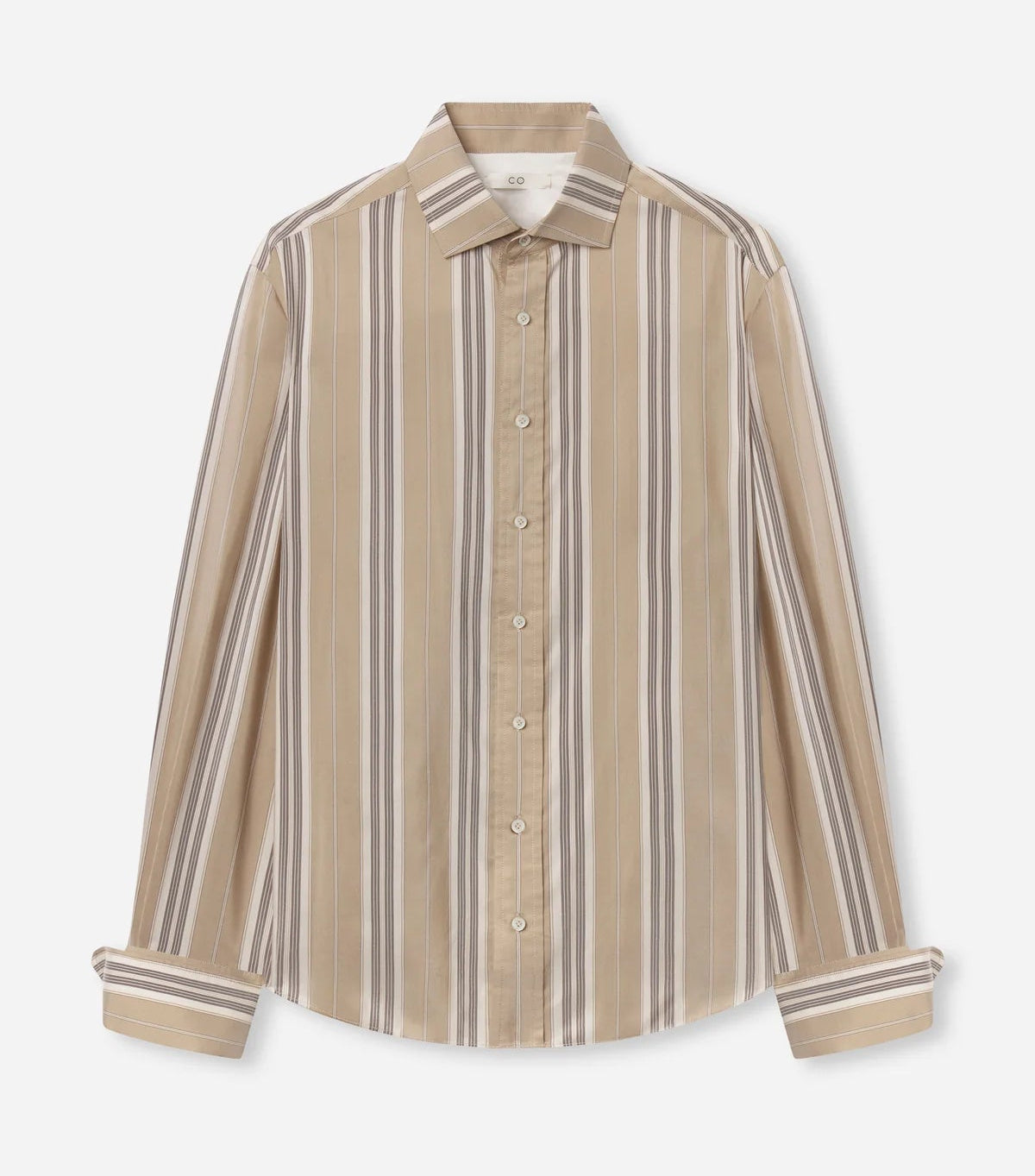 Standing Collar Silk Shirt by CO, featuring an oversized fit and vertical white, brown, and gray stripes on beige silk with elegant horn button detailing, laid flat on a white background.