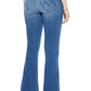 In Los Angeles, someone walks away wearing the Mother Denim The Weekender Fray mid-rise flare jeans in stretch denim, paired with a white top and matching high-heeled shoes. The blue jeans feature stitched back pockets.