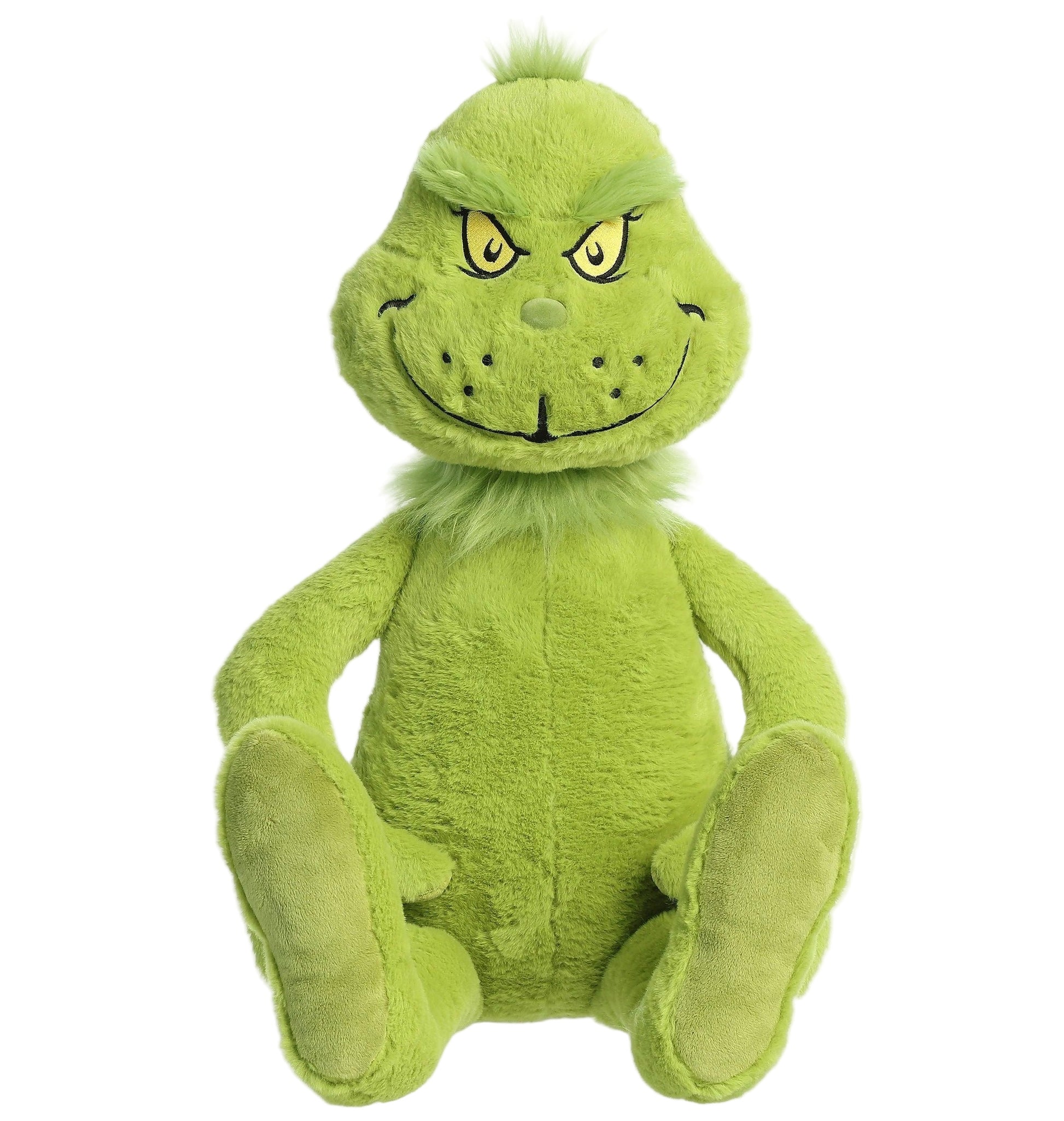 The Aurora Dr. Seuss Grinch, Jumbo is a bright green plush with embroidered yellow eyes and a mischievous smile, designed to sit upright.