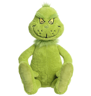 The Aurora Dr. Seuss Grinch, Jumbo is a bright green plush with embroidered yellow eyes and a mischievous smile, designed to sit upright.