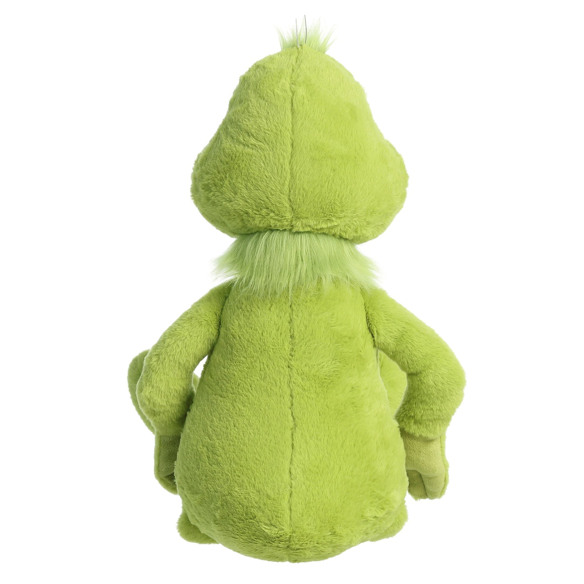 The Aurora Dr. Seuss Grinch, Jumbo plush features a green back view with a rounded head, fluffy collar, and long arms at its sides—bringing whimsical charm to any room.