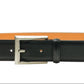 The Rocas Belt by Magnanni is a black leather accessory crafted from tumbled calfskin, with a silver buckle. It’s displayed against a white background and boasts a versatile style suitable for both dressy and casual occasions.