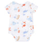 The Angel Dear Baby Bamboo Coastal ABCs Short Sleeve Bodysuit features soft bamboo viscose and is decorated with colorful sea animals, letters, and stars in blue, orange, and beige tones.