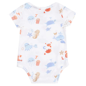 The Angel Dear Baby Bamboo Coastal ABCs Short Sleeve Bodysuit features soft bamboo viscose and is decorated with colorful sea animals, letters, and stars in blue, orange, and beige tones.