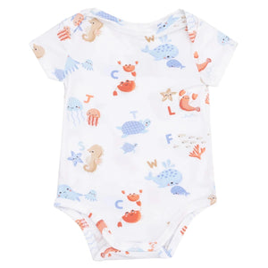 The Angel Dear Baby Bamboo Coastal ABCs Short Sleeve Bodysuit features colorful sea animals and alphabet letters on soft bamboo viscose—perfect for little explorers.