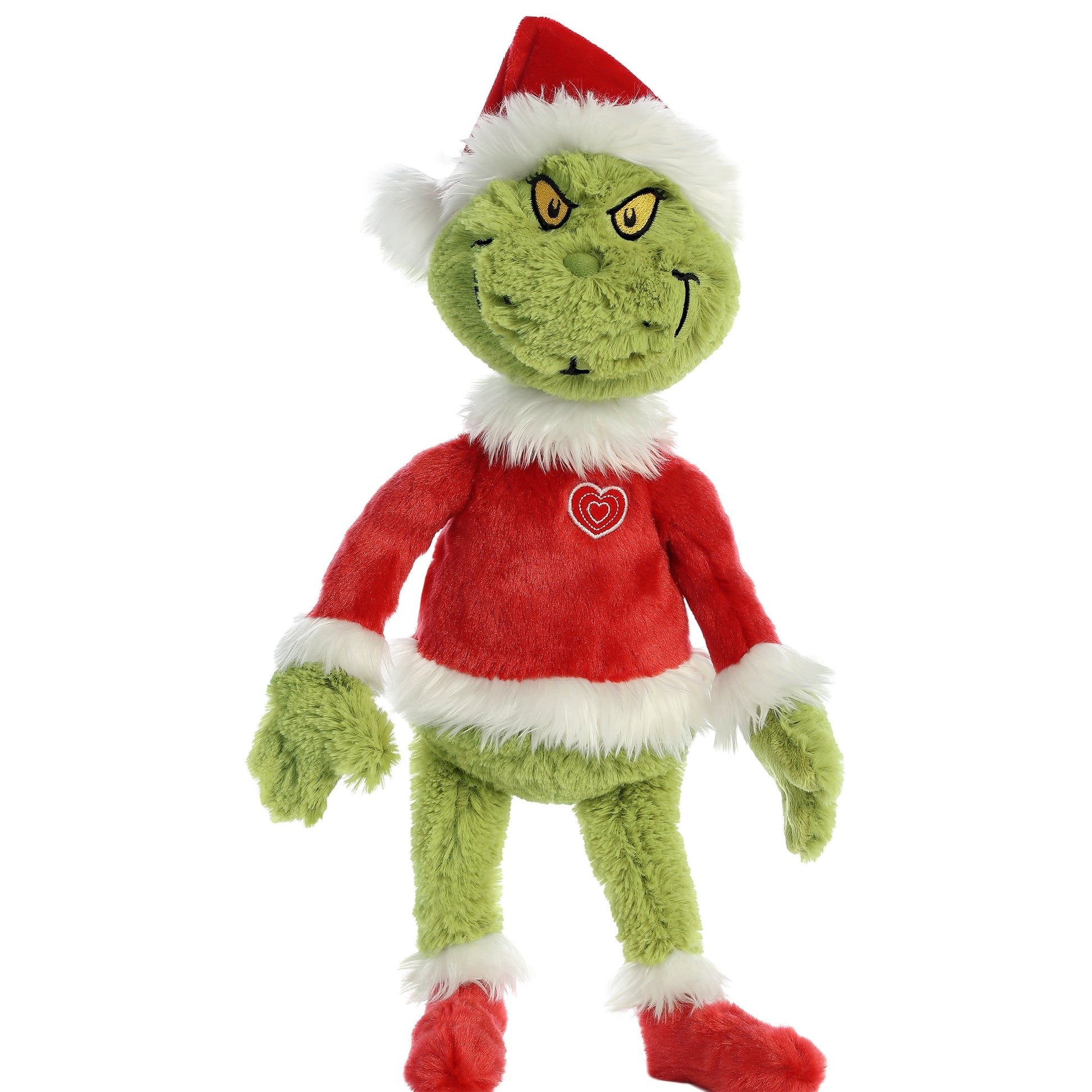 Aurora’s Dr. Seuss Grinch Santa, 16", features the classic holiday character in a red Santa hat and coat with white trim, standing upright against a white background.