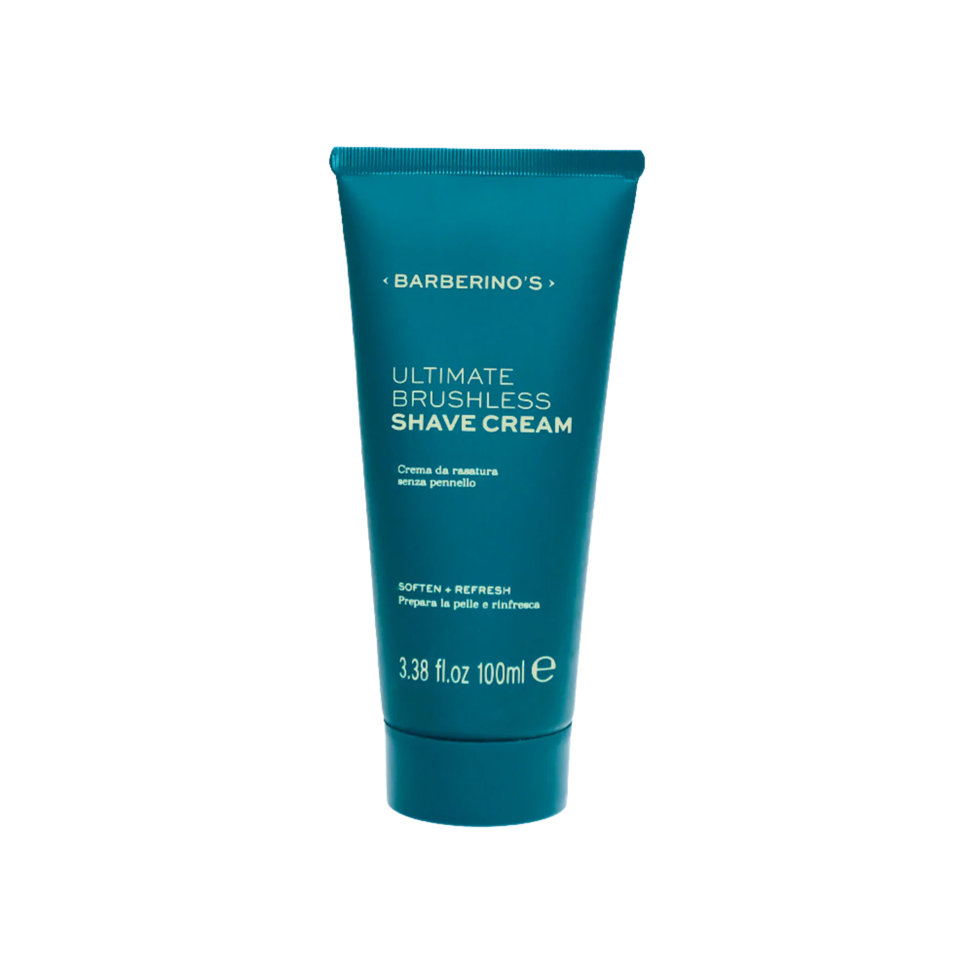 Barberino's Ultimate Brushless Shave Cream, in a teal tube containing 100ml, is displayed on a plain white background—perfect for a smooth shave.
