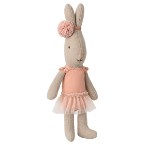 The Maileg Rabbit, Micro - Ballet Suit & Skirt Rose features a tiny bunny in a rose ballet outfit and matching headband, perfect for little ballet fans.