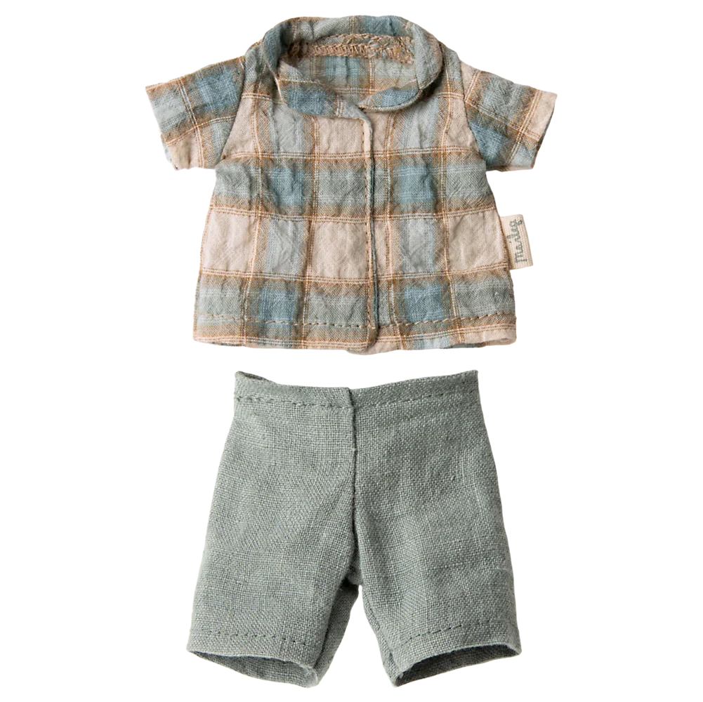 Maileg’s Rabbit, Size 1 – Classic, wears a blue and beige plaid short-sleeved shirt with light green shorts, crafted from soft natural fabrics—ideal for dressing up your rabbit. Outfit is shown on a white background.