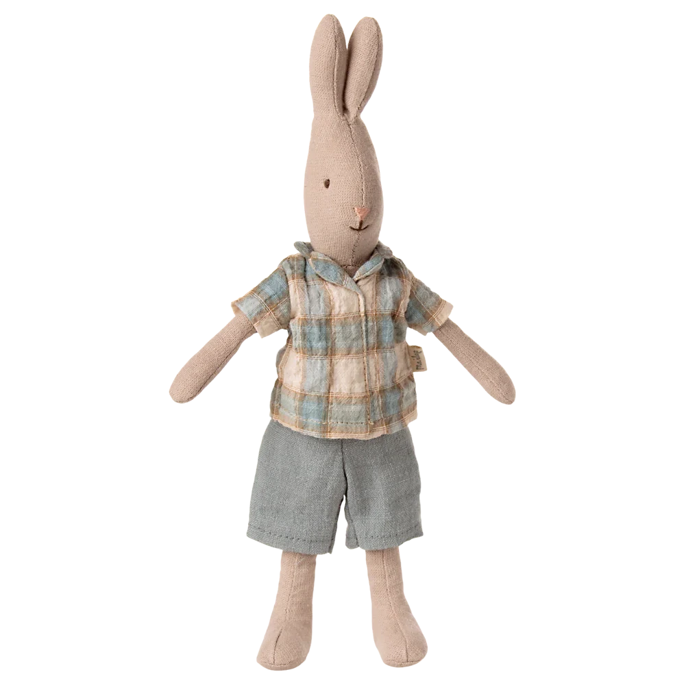 Maileg Rabbit, Size 1 - Classic, dressed in a plaid shirt and gray shorts, crafted from soft natural fabrics, stands upright against a plain white background.