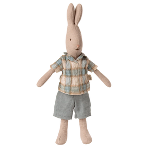 Maileg Rabbit, Size 1 - Classic, dressed in a plaid shirt and gray shorts, crafted from soft natural fabrics, stands upright against a plain white background.
