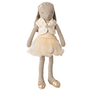 Maileg Bunny size 3, Classic wears a cream ballet suit and tulle skirt with matching shoes, standing upright against a white background.
