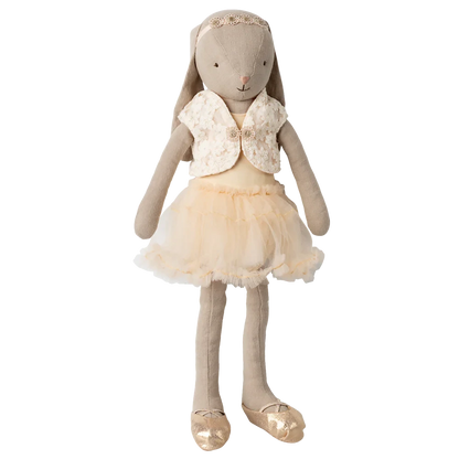 Maileg Bunny size 3, Classic wears a cream ballet suit and tulle skirt with matching shoes, standing upright against a white background.